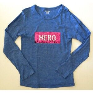 Cat & Jack long sleeve super hero blue pink flip sequin top tee shirt XL 14 16